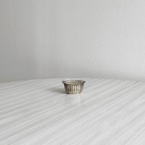 Peut inclure: Un petit bol argenté et côtelé est posé sur une table à grain de bois de couleur claire. Le bol a un intérieur clair, semblable à du verre. L'arrière-plan est un mur uni, gris clair. Le bol est probablement destiné à servir de petites portions de nourriture.