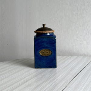 Antique blue ceramic sugar pot, vintage kitchen jar, condiment jar with metal and wood lid, kitchen decoration