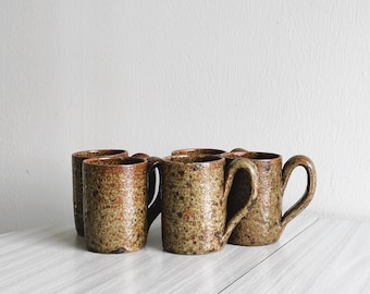 Set of 5 pyrite stoneware mugs, vintage handcrafted cups, rustic table decor, country house charm, antique pottery, ceramic