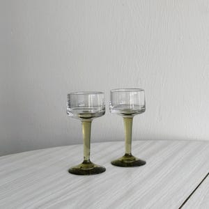Set of 2 liqueur glasses, olive green colored feet, elegant design, vintage tableware, retro table decoration, colored glass gift
