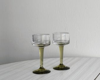Set of 2 liqueur glasses, olive green colored feet, elegant design, vintage tableware, retro table decoration, colored glass gift