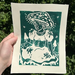 Mushroom Fairy Linocut Print | Handmade 8x10&quot; Print | Linocut Art, Wall Decor