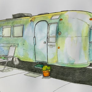 Original watercolor painting Airstream Blue 1 - enhanced print