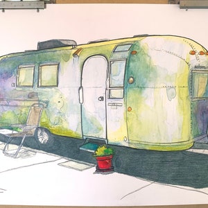 Original watercolor painting Airstream Blue 3 - enhanced print