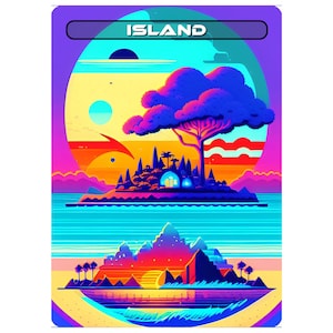 May include: A vibrant, colorful illustration of an island with a large tree, a small village, and a blue ocean. The sky is a gradient of pink, orange, and yellow, with a large, yellow moon in the background. The text "ISLAND" is written in a black box at the top of the image.