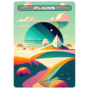 Op de afbeelding: Een digitale illustratie van een Plains-kaart voor een verzamelkaartspel. De kaart toont een kleurrijk landschap met een wit gebouw, een groene boom en een roze-blauwe lucht. De tekst "PLAINS" staat bovenaan de kaart.