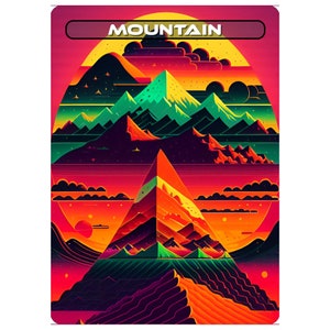 Puede incluir: Una ilustración abstracta colorida de una montaña con un cielo de puesta de sol y nubes. La montaña está compuesta por capas de diferentes colores, incluyendo rojo, naranja, amarillo, verde y azul. El cielo es de un naranja y rosa vibrantes, con nubes de un blanco suave. La imagen está titulada "MOUNTAIN".