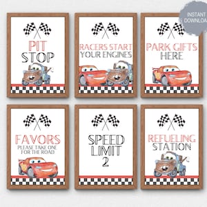 Bewerkbare borden auto's, auto's verjaardag borden eten en drinken, bord autofeestje gunsten en cadeaus, Lightning McQueen verjaardagsfeestje, digitale download