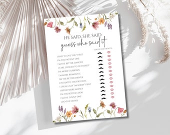 He Said She Said Bridal Shower Game, Floral Bridal Shower, Wildflower Bridal Shower Game Template, Guess Who Said It, Instant Download