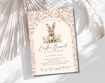 May include: A pink and green floral invitation with a bunny rabbit illustration. The invitation reads "Hop on over for Easter Brunch & an Egg Hunt". The event is on Sunday, April 20th at 11am at The Anderson's, 1234 Main Street, Irving TX, 75211. RSVP to Jill at 123-456-7890. Bring a dozen eggs for the hunt.