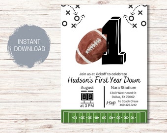 Football Birthday Invitation Template, First Year Down, Football Party, 1st Birthday Invite, Boy First Birthday, Editable Instant Download