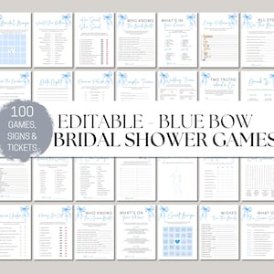 100 Editable Bridal Shower Games Bundle, She&#39;s Tying the Knot Bridal Shower Games, Blue Bow Bridal Shower Game Bundle, Printable Templates