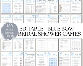 100 bewerkbare vrijgezellenfeestspelbundel, She's Tying the Knot vrijgezellenfeestspelletjes, blauwe strik vrijgezellenfeestspelbundel, afdrukbare sjablonen