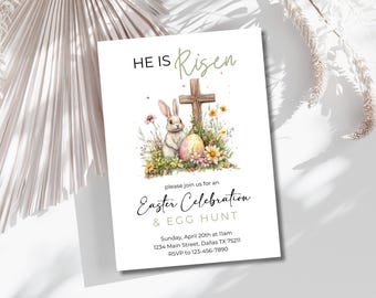 Easter Invitation He Is Risen, Religious Easter Invitation Bunny & Cross, Easter Egg Hunt Invite Editable Template, Printable Invitation