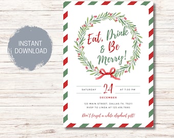 Eat Drink and Be Merry Christmas Party Invitation Holiday Party Invites Annual Holiday Party template Printable Instant download