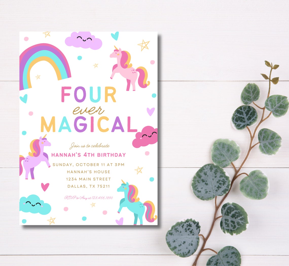 Editable Unicorn 4th Birthday Invitation Four Ever Magical Party Invite ...