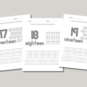 以下が含まれることがあります： 17、18、19の数字をなぞるための白黒の印刷可能なワークシート。ワークシートには、「セブンティーン」、「エイティーン」、「ナインティーン」という言葉と、各数字の色を塗るための絵が含まれています。絵は雪片、靴下、魚です。