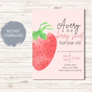 BERRY SWEET Birthday Invitation Template, Strawberry 1st Birthday Invite, Girls 1st Birthday Invitation, Evite, Printable Invitation