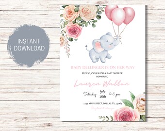 May include: A baby shower invitation with a watercolor illustration of a pink and white floral arrangement, a gray elephant holding pink balloons, and the text "Baby Dellinger is on her way". The invitation also includes the text "Please join us for a baby shower honoring Lauren Walton, Saturday July 16th 2.5 pm, 1234 Main Street, Dallas TX, 75064, Registered at Amazon."
