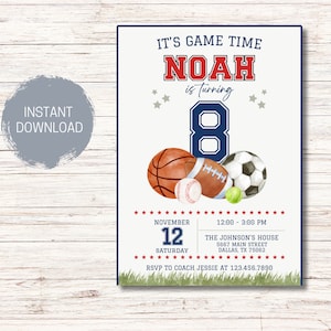 All Star Sports Birthday Party Invitation Template, Sports Ball Game Number Any Age Boy Birthday, Basketball Football Soccer Baseball Invite
