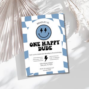 One Happy Dude Birthday Invitation Template, Boy 1st Birthday Invite, Editable Blue Smiley Face Birthday Invitation, Instant Download