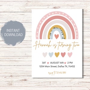 MODERN RAINBOW Birthday Invitation Template, Editable Rainbow Invite, Printable Rainbow Birthday, Boho, Any Age, Girls Birthday Invitation