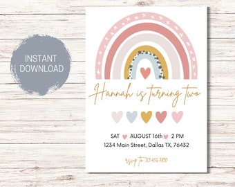 MODERN RAINBOW Birthday Invitation Template, Editable Rainbow Invite, Printable Rainbow Birthday, Boho, Any Age, Girls Birthday Invitation