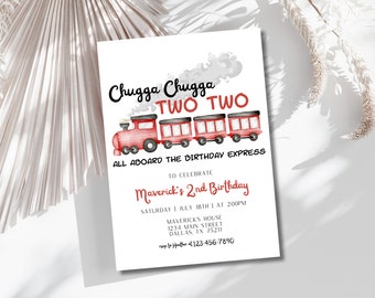 Invitation d'anniversaire de Chugga Chugga deux deux, deuxième anniversaire de train, invitation imprimable, tous à bord des garçons, anniversaire train modifiable