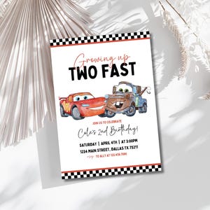 Cars Birthday Party Invitation, Lightning Mcqueen Birthday, Cars Party Invite, Second Birthday Party Invitation, Two Fast, 2, Tow Mater Cars