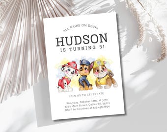 Bewerkbare Paw-ty verjaardagsuitnodiging sjabloon Puppy Patrol Pup crew uitnodigen lay-out Canva direct downloaden, afdrukbare kinderfeestuitnodiging