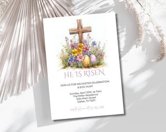 He is Risen Easter Invitation, Religious Easter Celebration Invitation Template, Printable Easter Egg Hunt Invitation, Cross Pastel Floral