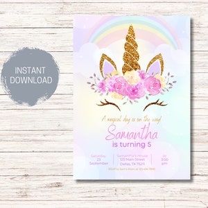 Unicorn Birthday Invitation Rainbow Unicorn Party Invite Pink Purple Gold Floral Unicorn Girl Birthday Invite Editable Digital Download
