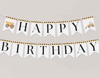 以下が含まれることがあります： 黄色と黒のストライプのアクセントが付いた、黒い文字で「HAPPY BIRTHDAY」と綴られた白いバナー。バナーの両端には、黄色い建設車両の小さな画像が2つあります。