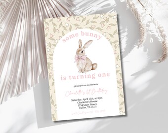 Coquette Vintage Pink Bow Bunny Birthday Invitation, Some bunny Is Turning One Invite, First Birthday, Boho, Floral, Bunny Birthday Theme