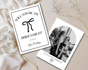 Bridesmaid Proposal Card Template, Will You Be My Bridesmaid, Handdrawn Bow, Black and White, Minimalistic Invitation, Editable Canva