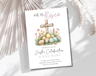He is Risen Easter Invitation, Religious Easter Celebration Invitation Template, Printable Easter Egg Hunt Invitation, Cross Pastel Floral