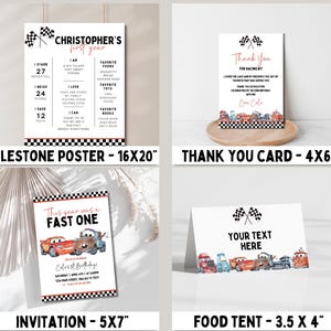 May include: A set of printable party decorations for a first birthday party with a Cars theme. The set includes a milestone poster, a thank you card, an invitation, and a food tent. The decorations feature a checkered flag pattern and images of Lightning McQueen and Mater from the Disney Pixar movie Cars.