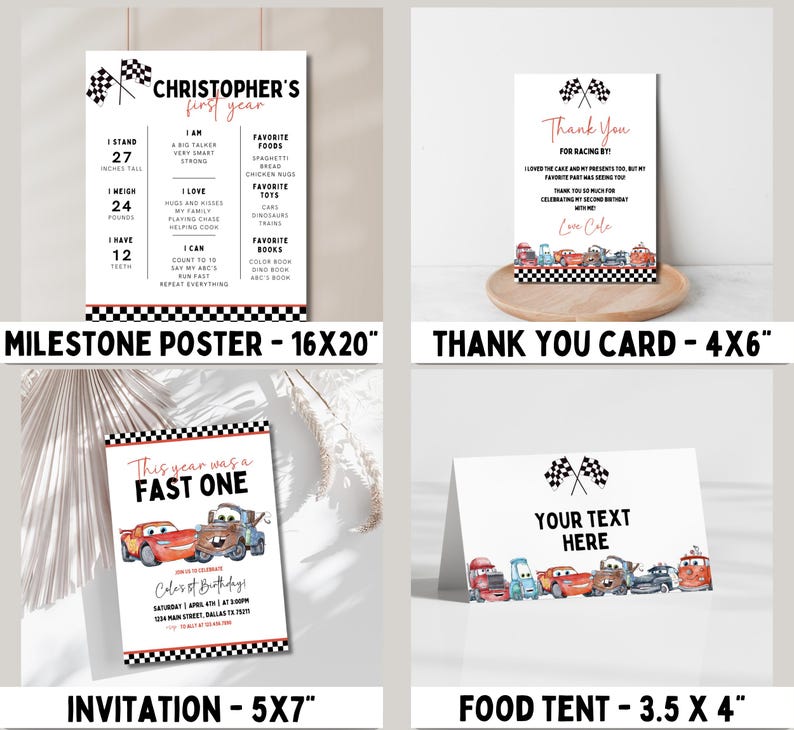 May include: A set of printable party decorations for a first birthday party with a Cars theme. The set includes a milestone poster, a thank you card, an invitation, and a food tent. The decorations feature a checkered flag pattern and images of Lightning McQueen and Mater from the Disney Pixar movie Cars.