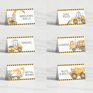 Étiquettes de tentes de nourriture de construction, modèle modifiable, signes de fête d'anniversaire de camions de construction, étiquettes de nourriture de B'day de Diggers, téléchargement numérique