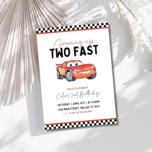 Autos-Geburtstagsfeier-Einladung, Lightning Mcqueen Geburtstag, Autos-Party einladen, zweite Geburtstagsfeier-Einladung, zwei schnelle, 2, Tow Mater Cars