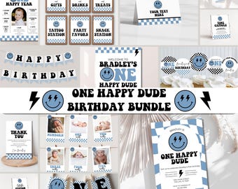 Editable One Happy Dude Birthday Party Bundle, One Happy Dude Invitation Template, Retro One Happy Dude Birthday Invite, Boy First Birthday