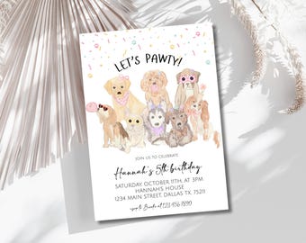 Editable Dog Birthday Invitation, Puppy Pawty Invitation Dog Theme Birthday Invite, Let's Pawty Birthday Invite, Pet Party Instant Download