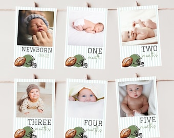 Editable Monthly Photo Banner, First Year Picture Monthly Photos Tags Printable, First Birthday Boy Banner Party Football Sports Theme