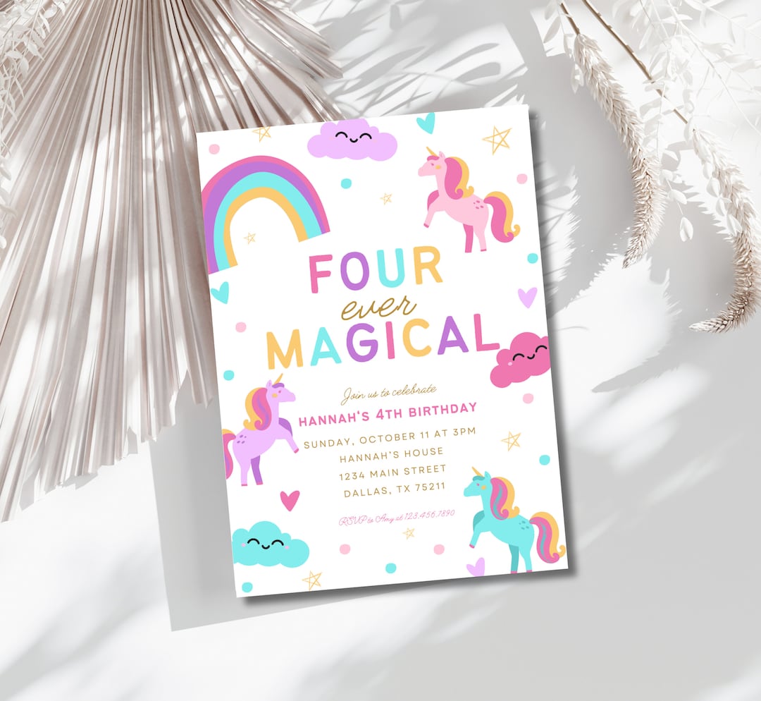 Editable Unicorn 4th Birthday Invitation Four Ever Magical Party Invite ...