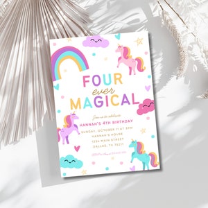 Invitation modifiable de 4e anniversaire de licorne, modèle arc-en-ciel de 4e anniversaire, invitation de fête magique pour fille, téléchargement immédiat