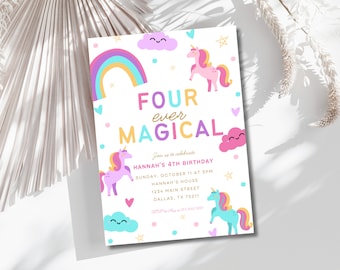 Editable Unicorn 4th Birthday Invitation Four Ever Magical Party Invite Girl Pastel Fourth Birthday Template Rainbow Instant Download