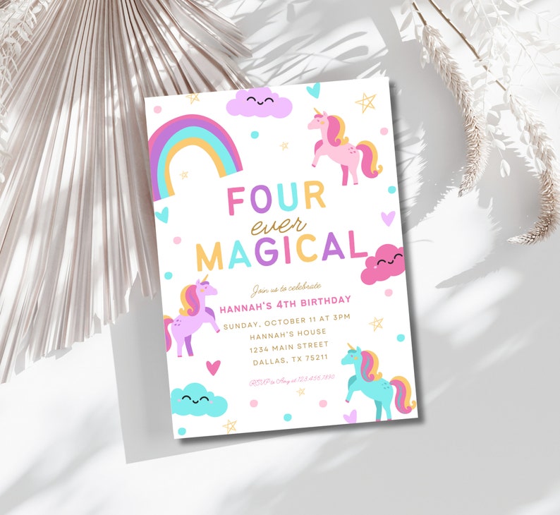 Editable Unicorn 4th Birthday Invitation Four Ever Magical Party Invite ...