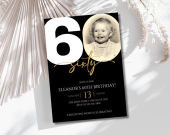 60th Birthday Invite With Photo, Digital Download, 60th Birthday Invitation Template Men or Women Look Who's 60 Editable Printable Card