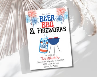 Puede incluir: Una invitación roja, blanca y azul para una fiesta de cerveza, barbacoa y fuegos artificiales organizada por The Miller's el sábado 4 de julio a las 2:00 PM. La invitación incluye un dibujo de una lata de cerveza, una parrilla y fuegos artificiales.