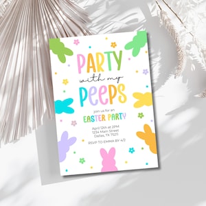 Editable Party With My Peeps Easter Party Invitation, Happy Rabbit Easter Egg Hunt Invite, Girl Bunny Easter Party Mobile Invitation